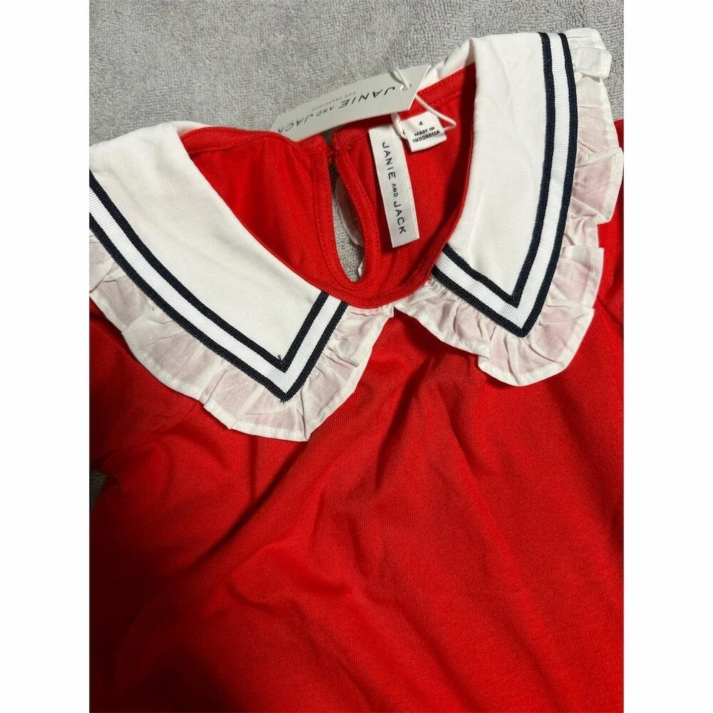 Janie and Jack Top Girls Size 4 Red Sailor Collar Ruffle Nautical Short - Picture 4 of 4